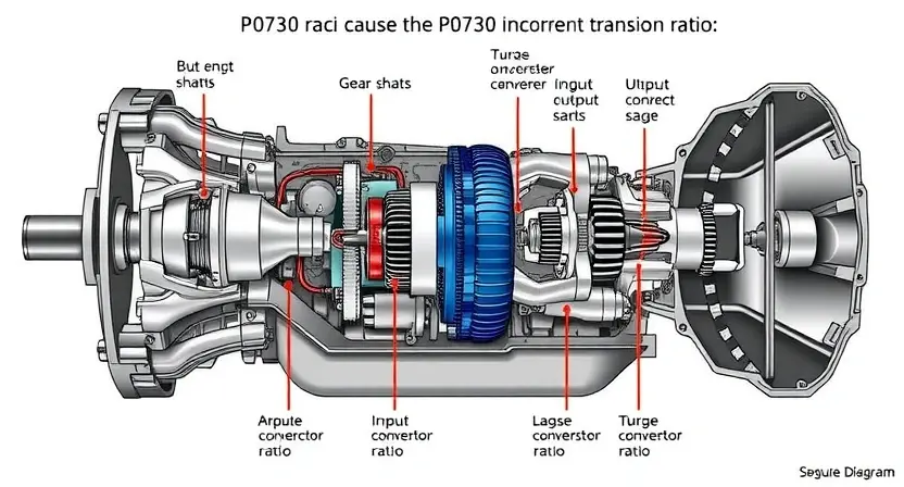 A detailed illustration of a car's transmission system, specifically highlighting the gear ratios and the potential cause of a P0730 error code (incorrect transmission ratio). Include diagrams showing the input and output shafts, the torque converter, and the various gears. Focus on mechanical accuracy and clarity.