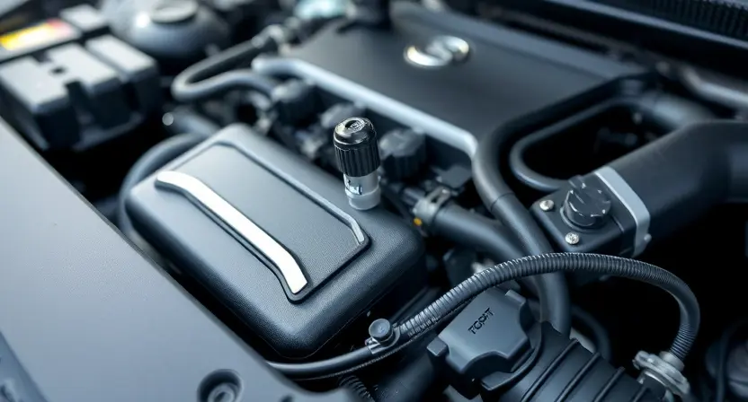 A close-up shot of a car's engine bay with a focus on the engine temperature sensor. The sensor should be clearly visible, and the surrounding engine components should be detailed but not distracting. The overall lighting should be bright and clean, highlighting the sensor's position.