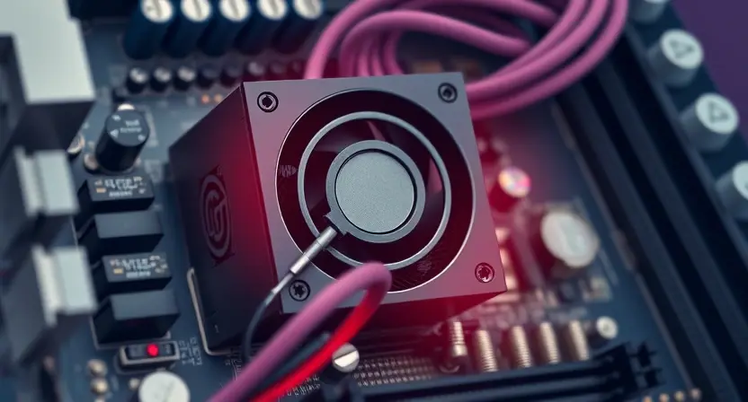 A detailed illustration of a computer motherboard with a highlighted power supply unit (PSU) and a red error indicator light. The focus should be on the PSU and the error light, visually representing a power-related issue. The background should be a slightly blurred view of the rest of the motherboard components.
