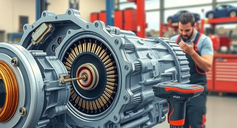 A detailed illustration of a transmission's friction element, showing wear and tear, alongside diagnostic tools and a technician examining the component. The background should be a workshop setting with relevant equipment.