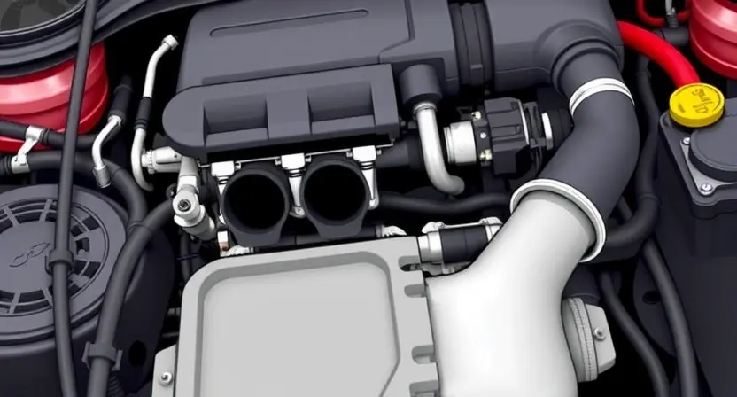 A close-up, detailed illustration of a car's engine bay, focusing on the catalytic converter and exhaust system. The image should visually represent a lean air-fuel mixture, perhaps with subtle visual cues like a slightly lighter color or a simplified depiction of air entering and fuel exiting. The overall aesthetic should be clean and informative, suitable for a technical guide.