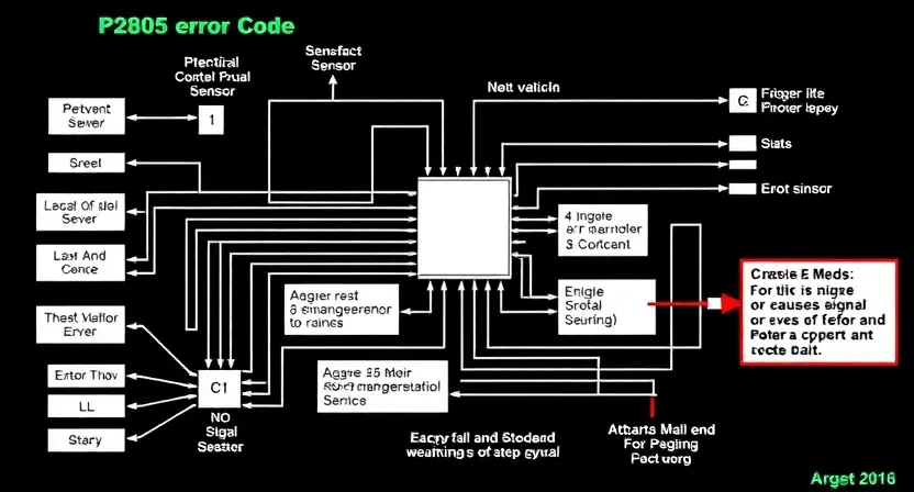 A detailed schematic diagram illustrating the P2805 error code in a vehicle's engine control unit (ECU). The diagram should show the relevant sensors and their connections, highlighting the potential causes of the error. Include visual cues to represent signal flow and potential malfunctions.