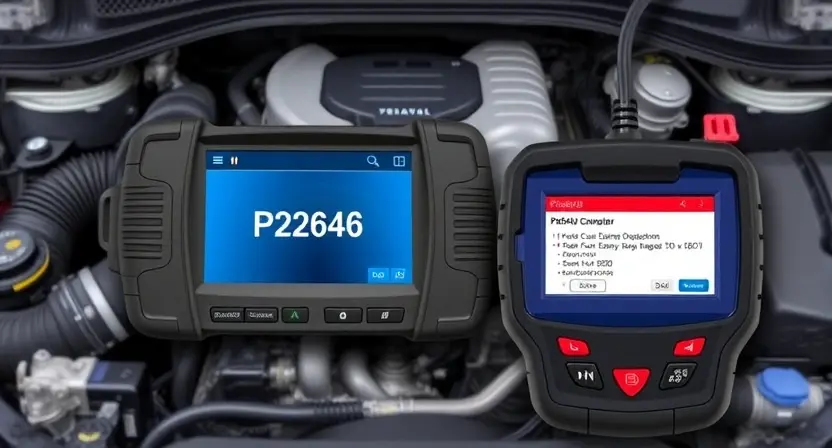 A detailed illustration of an engine control unit (ECU) with a highlighted P2646 error code displayed on a screen. The engine bay should be visible in the background, showing various engine components. Focus on the diagnostic tools and the ECU interface.