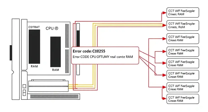 A detailed schematic diagram illustrating a computer system with a highlighted error code C0255. The diagram should show components like the motherboard, CPU, RAM, and storage devices, with arrows indicating data flow. The error code C0255 should be clearly labeled and visually emphasized.
