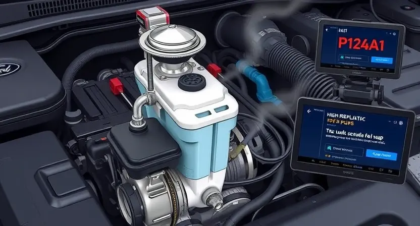 A detailed illustration of a car engine compartment focusing on the high-pressure fuel pump (ТНВД) of an EcoBoost system, showing signs of malfunction such as fuel leaks, worn seals, and diagnostic error code P12A1 displayed on a mechanic's scanner screen nearby, with subtle visual indicators of engine stress like vapor or faint smoke, all in a realistic technical style
