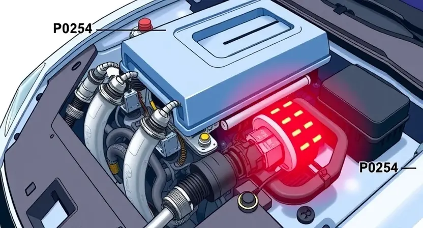 A detailed illustration of a car engine with a diagnostic light illuminating the P0254 code. The engine should be realistically rendered, showing various components like spark plugs, fuel injectors, and sensors. The diagnostic light should be clearly visible and emitting a red glow. The background should be a clean, white surface.