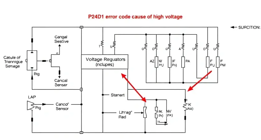 A detailed schematic diagram of a sensor circuit, highlighting the P24D1 error code and indicating potential causes of high voltage. Include visual representations of the sensor, voltage regulators, and associated circuitry. Focus on clarity and technical accuracy.