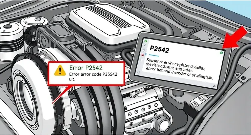 A detailed illustration of a car engine with a highlighted error code P2542 displayed on a diagnostic screen. The engine should be realistically rendered, showing various components like pistons, valves, and belts. The diagnostic screen should clearly show the error code and a brief explanation.