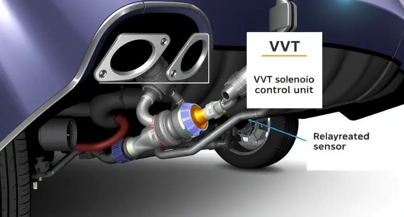 A detailed illustration of a car's exhaust system, specifically focusing on the VVT (Variable Valve Timing) system components. Show the VVT solenoid, control unit, and related sensors. The background should be a clean, technical environment.