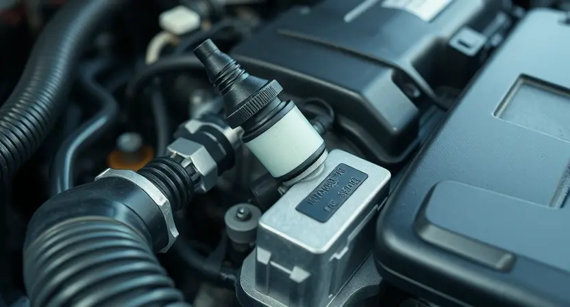 A close-up, detailed image of a car's engine bay. Focus on the mass airflow sensor (MAF sensor) and its surrounding components. The engine should appear clean and well-maintained. Use realistic lighting to highlight the sensor's details.