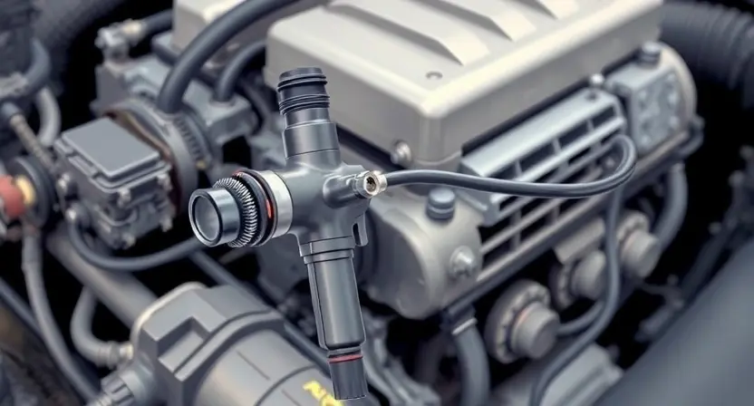 A detailed illustration of a car engine's fuel injection system, highlighting the injector and its wiring harness. The image should clearly show a broken wire or connection on the injector, indicating a circuit interruption. Focus on the mechanical components and electrical connections within the engine bay. The background should be a slightly blurred view of the engine compartment.