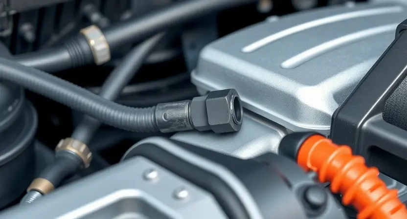A close-up, detailed illustration of a car engine bay, focusing on the coolant temperature sensor (ECT). The sensor should be clearly visible, along with nearby hoses and wiring. The overall lighting should be bright and clean, emphasizing the mechanical components. The background should be slightly blurred to keep the focus on the sensor.