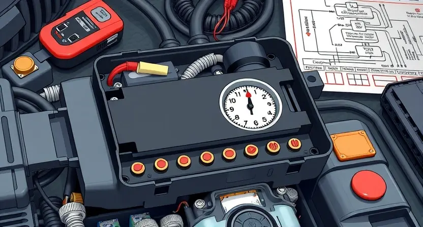 A detailed illustration of an engine control unit (ECU) with a visual representation of an internal timer malfunction. Focus on the internal components and circuitry, highlighting a broken or malfunctioning timer component. Include diagnostic tools and a schematic diagram in the background.
