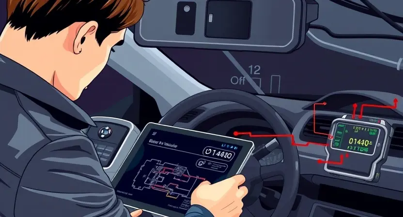 A professional automotive repair scene showing a mechanic diagnosing a vehicle's network communication error, with a diagnostic scanner displaying error code U0140, wiring diagrams on a tablet, and a car's Body Control Module highlighted, clean technical illustration, high detail, no text or numbers on image