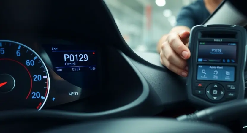 A close-up of a car's dashboard displaying a diagnostic screen showing 'P0129' error code. The background should show a mechanic using an OBD2 scanner connected to the car's port. Focus on the dashboard display and the scanner interface. The car should be a modern sedan, partially visible.