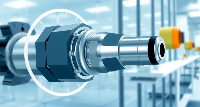 A close-up, detailed illustration of a pressure sensor, focusing on the sensor head and connection point. The background should be a clean, industrial setting, suggesting a machine or equipment. The sensor should appear modern and well-maintained. Emphasis on the sensor's physical components and connections.