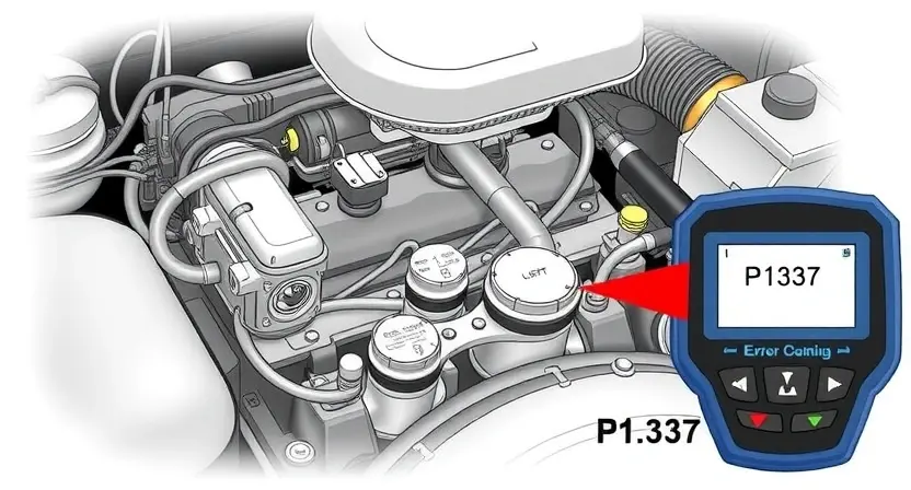 A detailed illustration of an engine bay with a focus on the crankshaft position sensor. The sensor should be clearly visible, along with wiring and connectors. Include a diagnostic tool displaying the P1337 error code. The background should be slightly blurred to emphasize the sensor and error code.