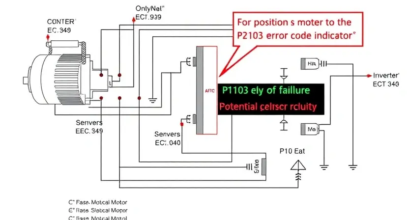 A detailed schematic diagram of an electric motor drive circuit, highlighting the position of the P2103 error code indicator. Focus on the components involved in the motor control system, such as the motor, inverter, and sensors. Use clear lines and labels to indicate the signal flow and potential points of failure. The image should emphasize the electrical connections and the flow of signals within the circuit.