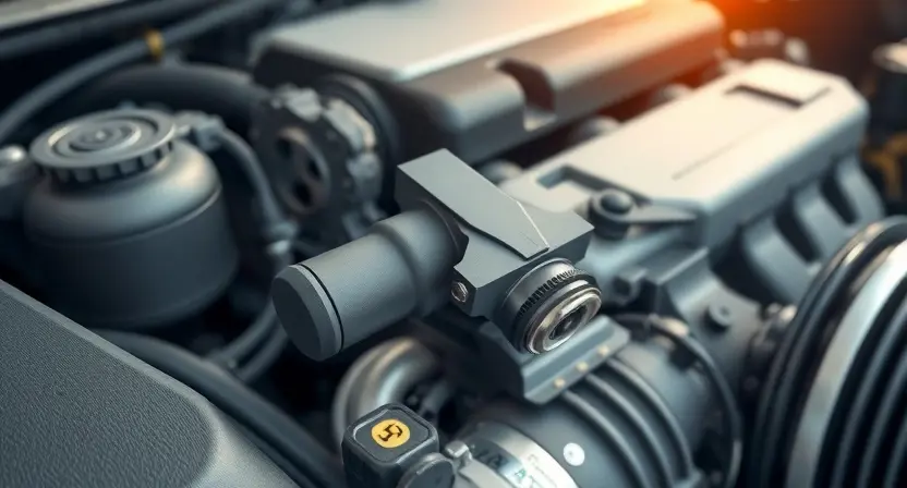 A close-up, detailed illustration of a car engine bay with a focus on the mass airflow sensor (MAF sensor). The sensor should be clearly visible, with surrounding engine components subtly in focus. The overall lighting should be bright and clean, highlighting the sensor's details.