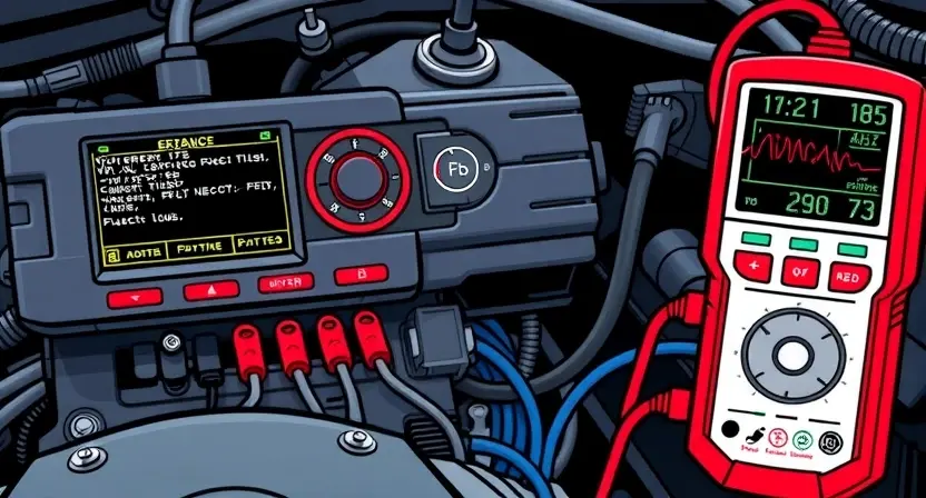 A detailed illustration of a car's engine control unit (ECU) with various diagnostic tools connected. Focus on the ECU's display showing error codes, and a multimeter or oscilloscope displaying relevant data. The background should be a clean, technical environment.