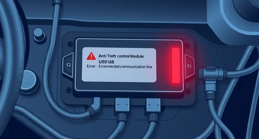 A high-quality technical illustration of a car's anti-theft control module (U0168 error) showing a disconnected communication line, with clear wiring harnesses, connectors, and a warning indicator light, rendered in the style "HQ-832-448-h"