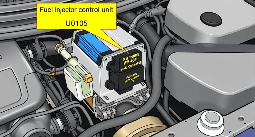 A close-up, detailed illustration of a car's engine bay, specifically focusing on the fuel injector control unit and its wiring harness. The image should highlight the connections and components related to the U0105 error, such as sensors and diagnostic ports. The overall aesthetic should be clean and informative, resembling a technical diagram or repair manual illustration.