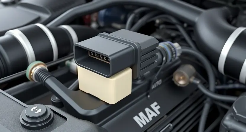 A close-up, detailed illustration of a car engine bay with a focus on the mass airflow sensor (MAF sensor). The sensor should be clearly visible, along with surrounding engine components like air intake tubing and wiring. The overall lighting should be bright and clean, emphasizing the sensor's physical characteristics.