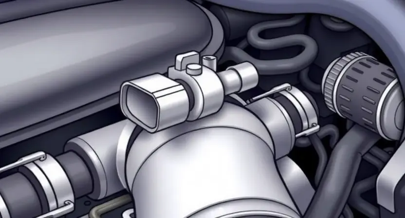 A close-up, detailed illustration of a car's air intake system, specifically highlighting the Mass Air Flow (MAF) sensor. The sensor should be clearly visible, with surrounding engine components subtly in the background. Focus on the sensor's physical appearance and its connection points. The image should convey a sense of technical precision and diagnostic examination.