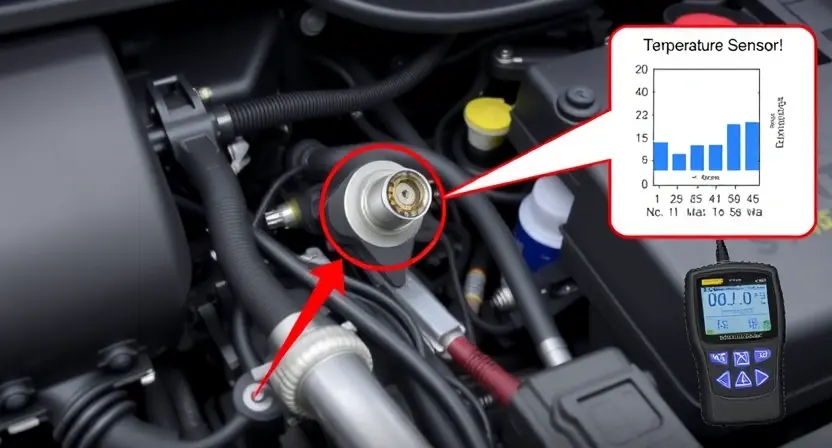 A detailed illustration of an automotive engine bay, focusing on the exhaust gas temperature sensor and its wiring. The sensor should be clearly visible, along with the associated wiring harness and diagnostic tools. The background should be slightly blurred to emphasize the sensor.