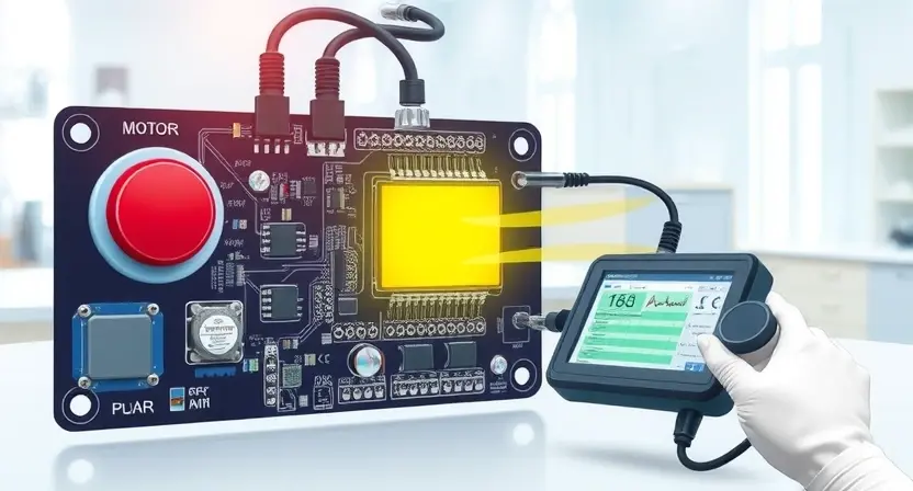 A detailed technical illustration of a circuit board with a button and a motor control circuit. The circuit board should show a low signal level indicated by a visual cue (e.g., a dimmed LED or a highlighted section). Include a diagnostic scanner connected to the circuit board, displaying diagnostic information on a screen. The background should be a clean, professional laboratory setting.