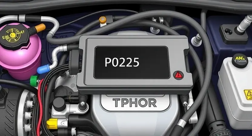 A detailed illustration of an engine control unit (ECU) with various sensors and wiring, highlighting the P0225 error code indicator. The background should be a clean, technical environment.