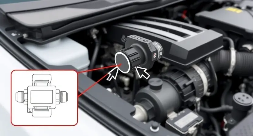 A detailed illustration of a car's engine bay, focusing on the Mass Air Flow (MAF) sensor and its surrounding components. The MAF sensor should be clearly visible, with arrows indicating the airflow path. Include a simplified diagram showing the sensor's connection to the engine control unit (ECU). The overall scene should be clean and well-lit, emphasizing the technical aspects of the sensor and its placement within the engine system. The background should be slightly blurred to keep the focus