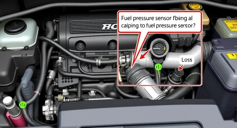 A detailed illustration of an automotive engine bay, focusing on the fuel system. Show a diagram highlighting the fuel pressure sensor and the associated wiring. Include visual cues representing potential issues like a loose connection or a damaged wire. The overall aesthetic should be technical and informative, suitable for a repair manual.