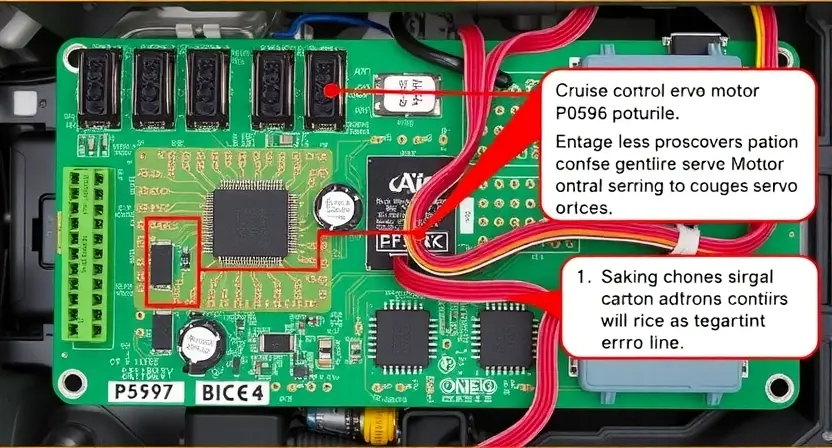 A detailed illustration of a cruise control servo motor circuit board, highlighting the signal lines and components related to the P0596 error code. Focus on the wiring and electronic components.