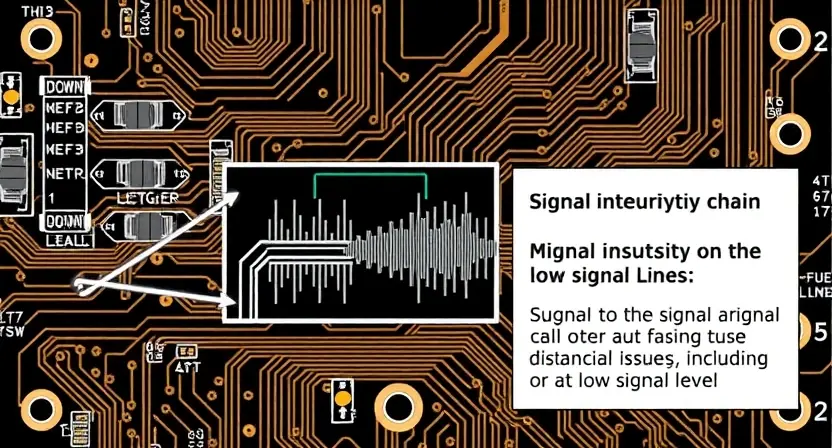 A detailed illustration of a circuit board with a section highlighting a signal input chain. Focus on the components related to signal integrity and potential issues. Include visual cues suggesting a low signal level, such as faded or distorted lines.