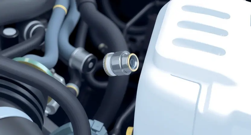A close-up illustration of an engine bay with a focus on the coolant temperature sensor. The sensor should be clearly visible, along with nearby hoses and engine components. The overall lighting should be bright and clean, highlighting the sensor's details. The background should be slightly blurred to emphasize the sensor.