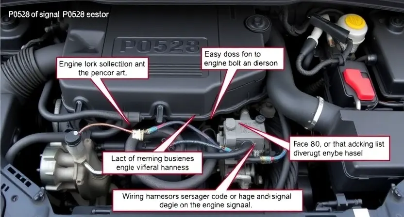 A detailed automotive engine bay with a focus on the sensor and wiring related to a P0528 code. Show various components like the engine block, hoses, wiring harnesses, and the sensor itself. The image should clearly illustrate the potential areas of concern for diagnosing the lack of signal.