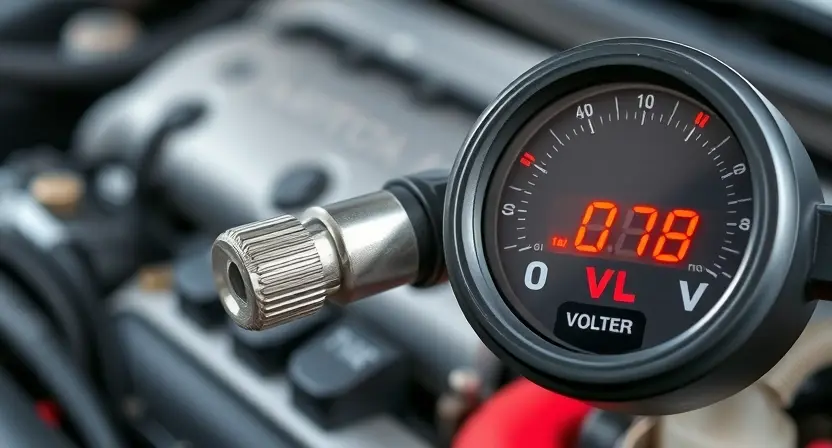 A close-up of an oxygen sensor with a voltmeter displaying a high voltage reading. The sensor should be clearly visible, and the voltmeter should be in focus, showing a voltage above the normal range. The background should be a blurred automotive engine bay.