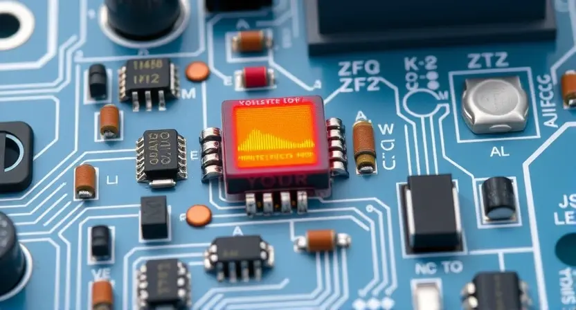 A close-up, detailed illustration of a sensor circuit board with a signal strength indicator. The circuit board should be clean and modern, with visible components like resistors, capacitors, and integrated circuits. The signal strength indicator should show a low signal level, perhaps with a color gradient from red to yellow or orange. Focus on the electronic components and the visual representation of the signal weakness.
