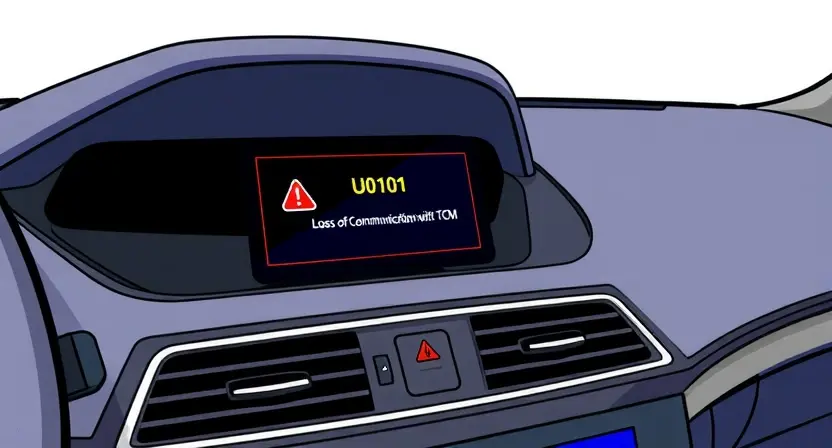A close-up, detailed illustration of a car's dashboard with a prominent error message displayed on the infotainment screen. The error message should clearly show 'U0101' and 'Loss of Communication with TCM'. The background should be slightly blurred to focus attention on the screen and dashboard elements. The car interior should be clean and modern.