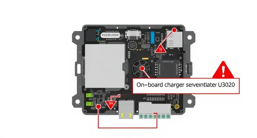 A technical illustration of an automotive OBC (On-Board Charger) module showing circuit board details, connectors, and error indicator U3020 highlighted with a warning symbol, clean technical diagram style