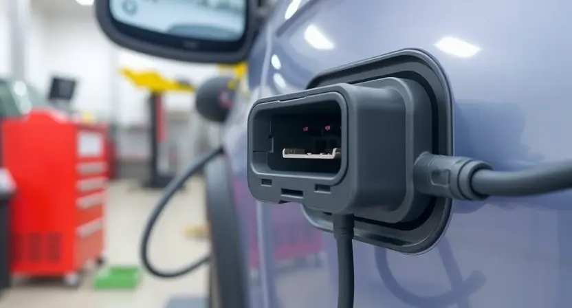 A close-up, detailed illustration of a car's OBD-II port with a diagnostic tool connected. The background should be a slightly blurred automotive repair shop environment. Focus on the connection between the tool and the port, highlighting the wires and connectors.