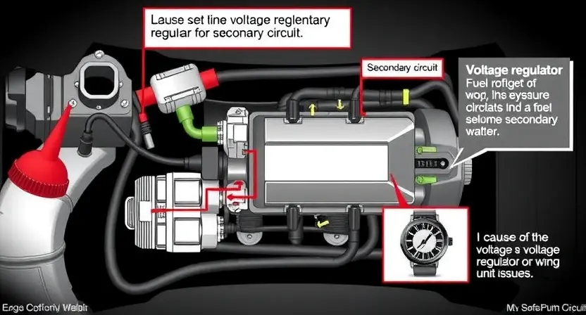 A detailed illustration of a car's fuel system, specifically focusing on the secondary circuit and its voltage regulator. Include visual representations of the fuel pump, fuel injectors, fuel pressure sensor, and the voltage regulator unit. Show the secondary circuit's wiring and connections. The image should clearly depict the potential causes of low voltage in the secondary circuit, such as a faulty voltage regulator or wiring issues.