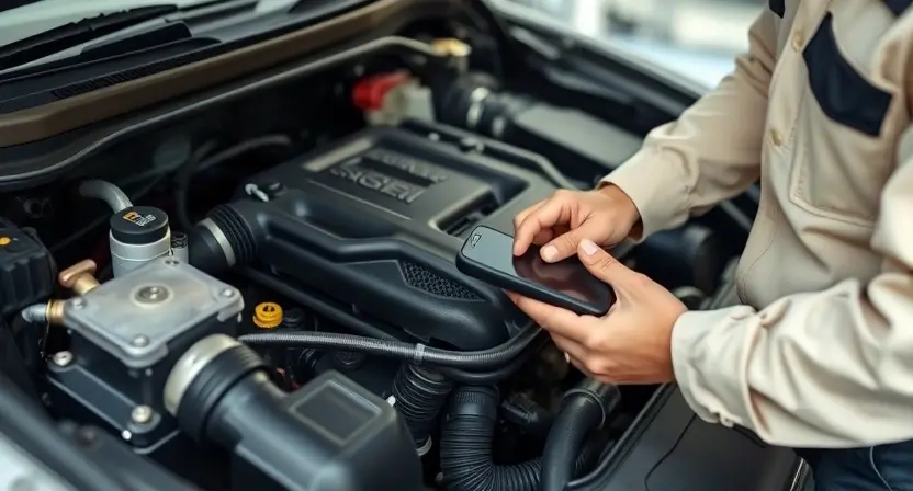 A close-up, detailed image of a car engine bay with a mechanic inspecting the engine. Focus on the engine components, hoses, and sensors. The mechanic should be wearing a light-colored uniform and using a diagnostic tool. The overall lighting should be bright and professional, highlighting the engine's details. The background should be slightly blurred to emphasize the engine and mechanic.