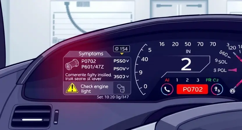 A detailed illustration depicting a car's diagnostic panel with a P0702 code illuminated. The panel should show various automotive components like the transmission, engine, and sensors. Include visual cues representing the symptoms of P0702, such as a check engine light and a warning message. The background should be a clean, professional automotive workshop environment.