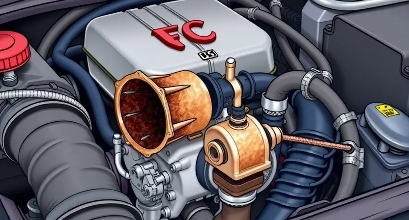 A detailed illustration of a car engine bay, focusing on the throttle body and intake manifold. The throttle body should be visibly dirty with carbon buildup, indicating a blockage. A visual representation of a disrupted or loose throttle cable is also included. The overall scene should convey a sense of mechanical problem and potential engine performance issues.
