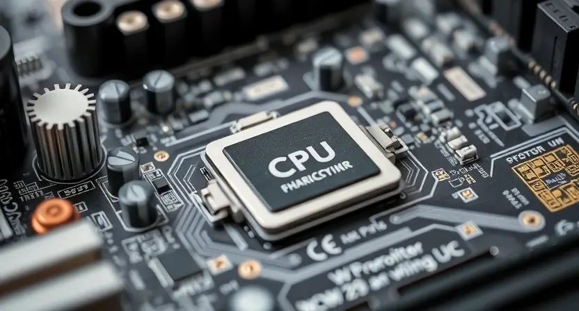 A close-up, detailed illustration of a computer motherboard with a highlighted CPU socket. Focus on the intricate components and connections. The background should be blurred, emphasizing the CPU area.