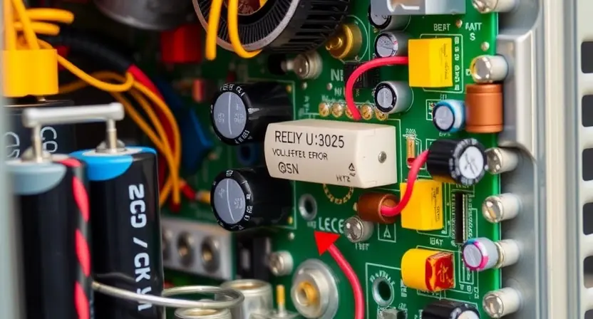 A close-up, detailed photograph of a high-voltage air conditioner compressor circuit board. Focus on the components related to the U3025 error, showing wiring, capacitors, and other electronic parts. The image should convey a sense of technical complexity and precision.