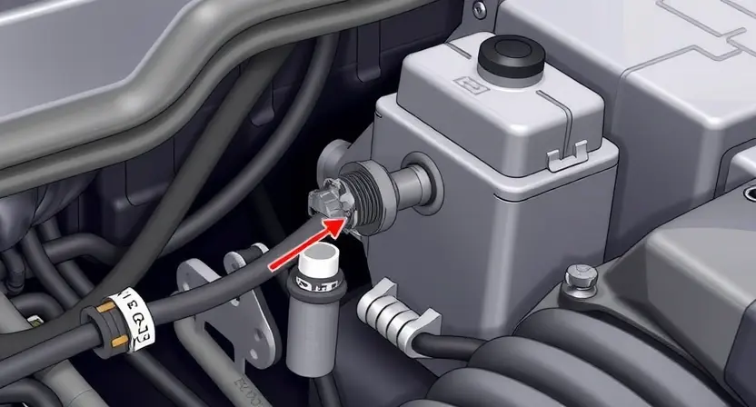 A detailed illustration of a car's engine bay, focusing on the temperature sensor and its wiring. The sensor should be clearly visible, along with the associated wiring harness and connectors. Show potential signs of damage or corrosion around the sensor and wiring. The background should be slightly blurred to emphasize the sensor.