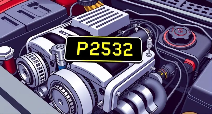 A detailed illustration of a car engine with a highlighted P2532 error code displayed on a digital dashboard. The engine should be realistically rendered, showcasing various components like pistons, valves, and belts. The dashboard should be modern and clearly show the error code in a prominent font.